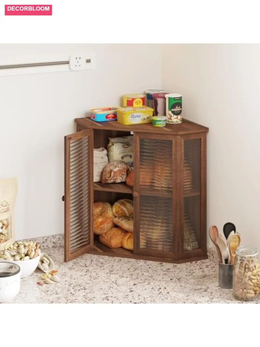 Extra Large Acacia Wood Corner Bread Box with Glass Wavy Door, Farmhouse